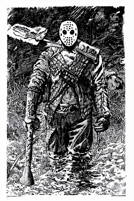 Image similar to Jason Voorhees as a D&D monster, pen-and-ink illustration, etching, by Russ Nicholson, DAvid A Trampier, larry elmore, 1981, HQ scan, intricate details, high contrast