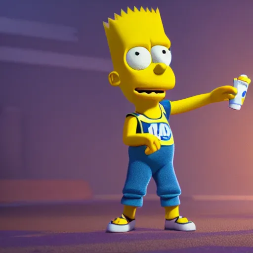 Prompt: film still of Bart Simpson in Monster Inc from Pixar, octane render, volumetric, raytracing, trending on artstation