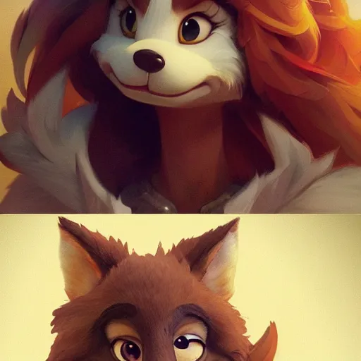 Image similar to portrait character design a cute fluffy wolf girl, style of maple story and zootopia, 3 d animation demo reel, portrait studio lighting by jessica rossier and brian froud and gaston bussiere