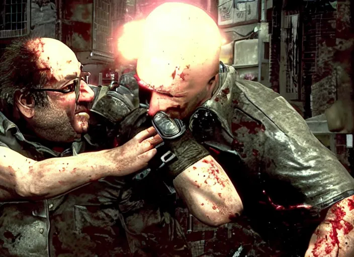 Image similar to video game still of danny devito as leon fighting off a zombie in the video game resident evil 2,