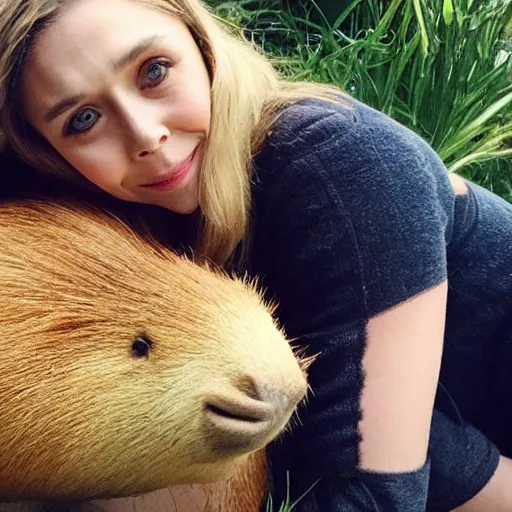 Image similar to elizabeth olsen with a capybara