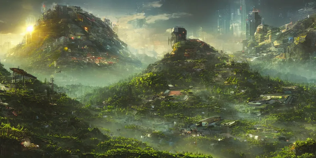 Prompt: a cinematic composition depicting : a computer run degrading cyberpunk world, on top of the mountain a mysterious translucid crystal neural network being is using its transformative energy to transition to a hopeful to lush green foresty solarpunk civilization in the valley at dawn