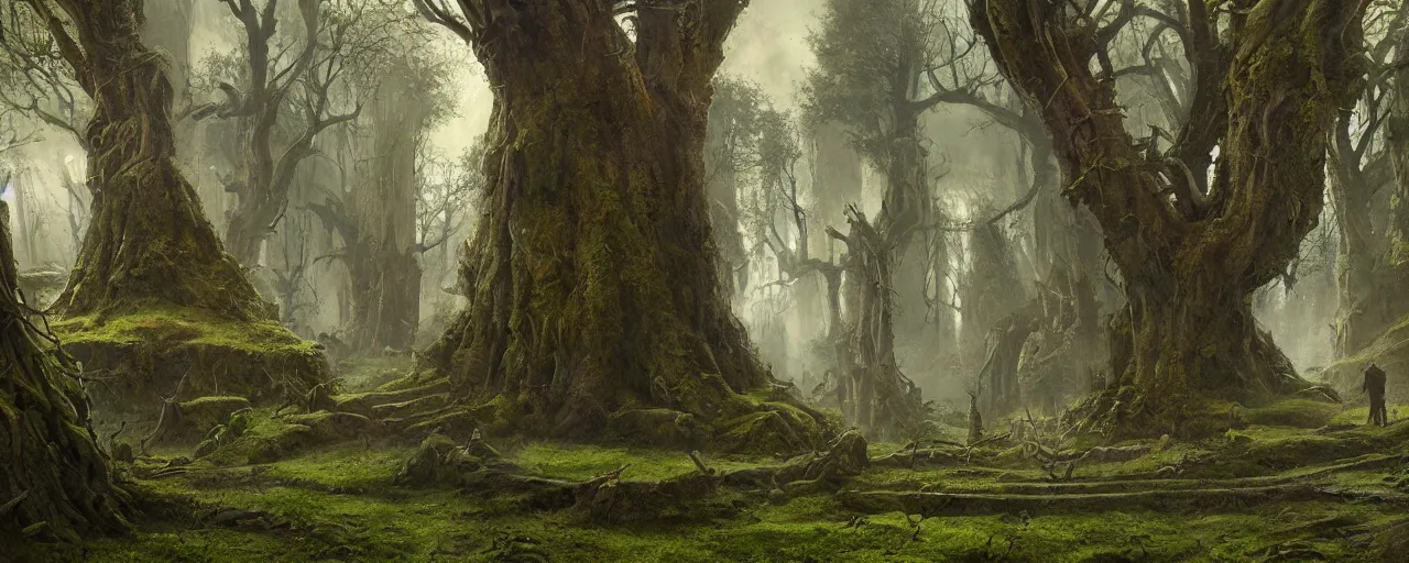 Image similar to a painting of a gothic medieval village in a mossy forest with giant trees, stunning intricate matte painting by senior environment artist, cgsociety, fantasy art