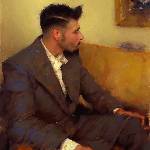 Image similar to a man with a pompadour haircut, painting by Gaston Bussiere, Craig Mullins