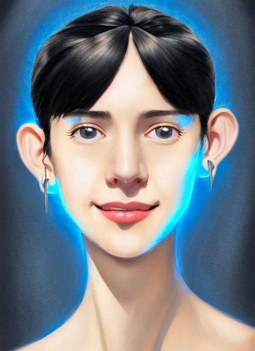 Image similar to portrait of high school girl, realistic, black hair, bangs, half updo hairstyle, pointy nose, skinny, smile, ugly, defined jawline, big chin, blue hair bow, earrings, intricate, elegant, glowing lights, highly detailed, digital painting, artstation, sharp focus, illustration, art by wlop, mars ravelo and greg rutkowski