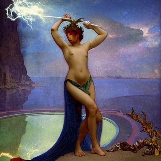 Image similar to Demon Girl at the palace, refracted sparkles, thunderstorm, greek pool, beach and Tropical vegetation on the background major arcana sky, by paul delaroche, alphonse mucha and arnold böcklin, hyperrealistic 8k, award-winning, very very very detailed