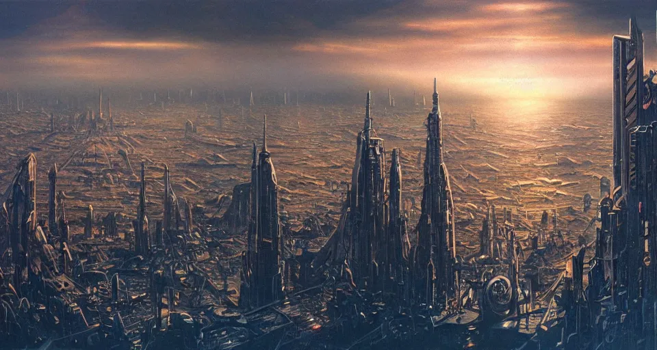 Image similar to view on futuristic city in the horizon, illustration by les edwards, detailed, sharp, masterpiece, 8 k