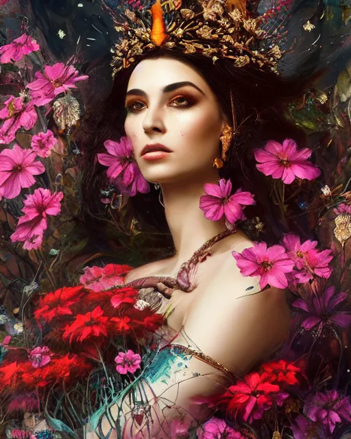 Image similar to portrait of the arabic queen of the underworld, surrounded by flowers by karol bak, james jean, tom bagshaw, rococo, sharp focus, trending on artstation, cinematic lighting, hyper realism, octane render, 8 k, hyper detailed.