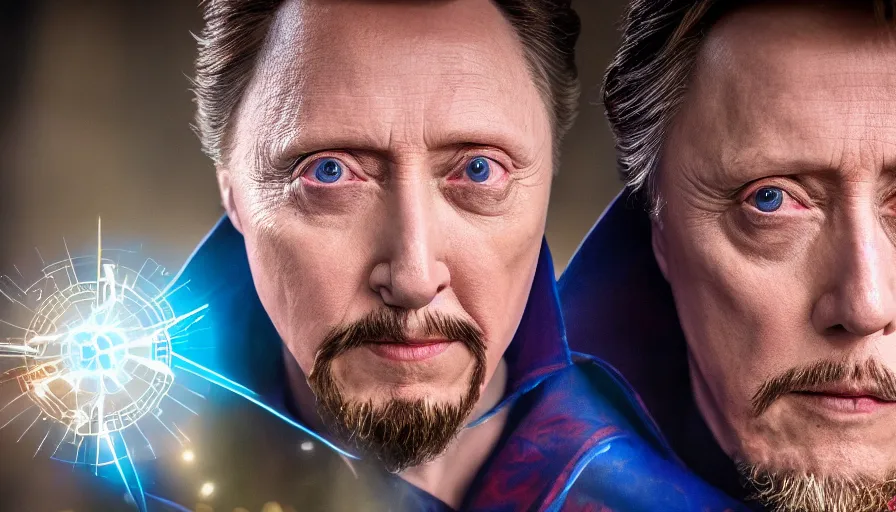 Image similar to portrait cosplay Christopher Walken as Doctor Strange, photography 4k, ultra wide, f1.8 anamorphic, bokeh, 4k,