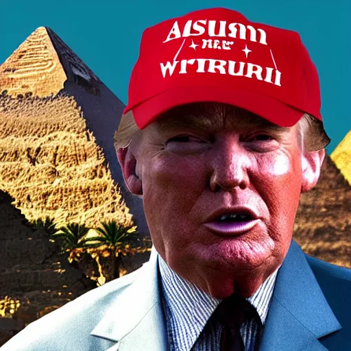 Image similar to a pharaoh with the face of donald trump and a maga hat, majestic, powerful, pyramids, anunaki, hieroglyphs, lush, rainforest, river, green, river god, wilbur smith, gold, trump tower