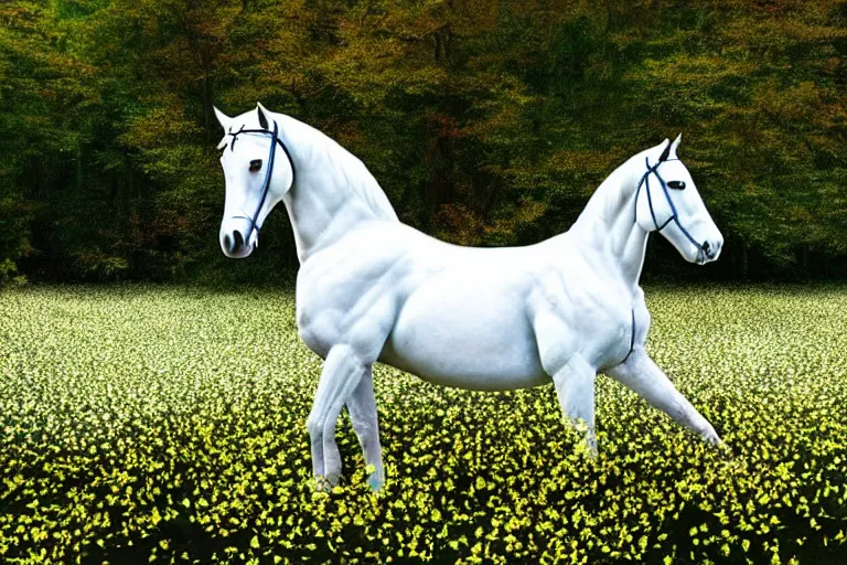 Prompt: an astronaut rode a white horse in a forest of osmanthus, surreal style, dreamy style