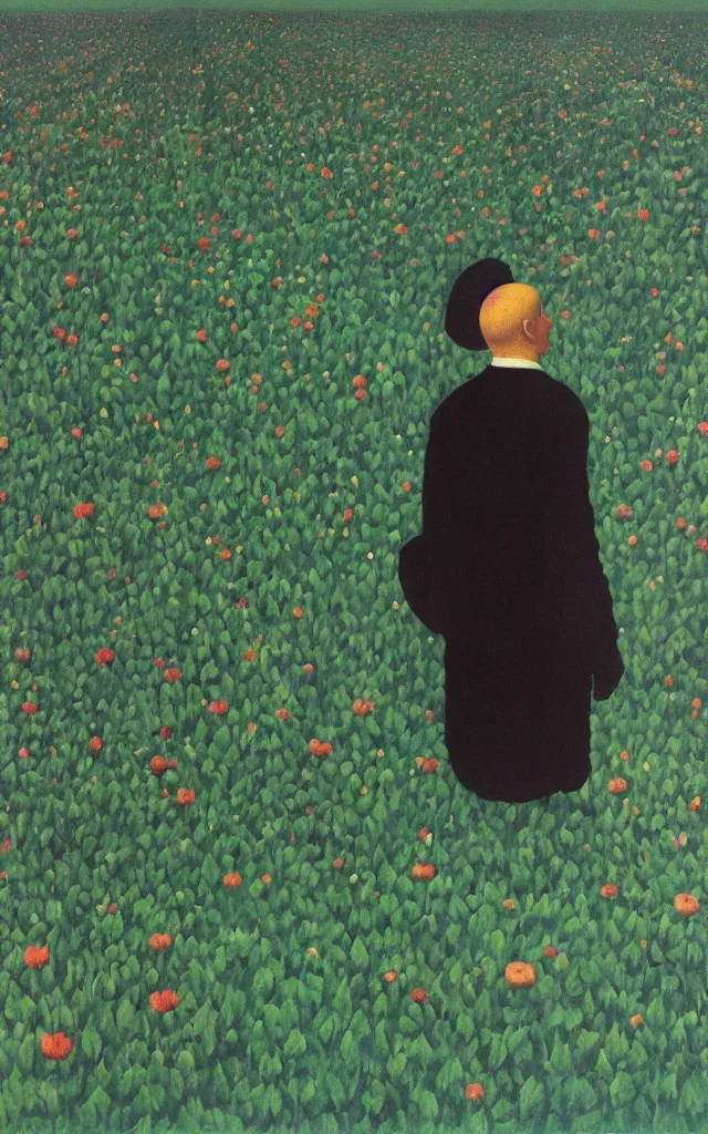 Prompt: black satan looking at you at distance in beautiful meadow of flowers, detailed painting by rene magritte