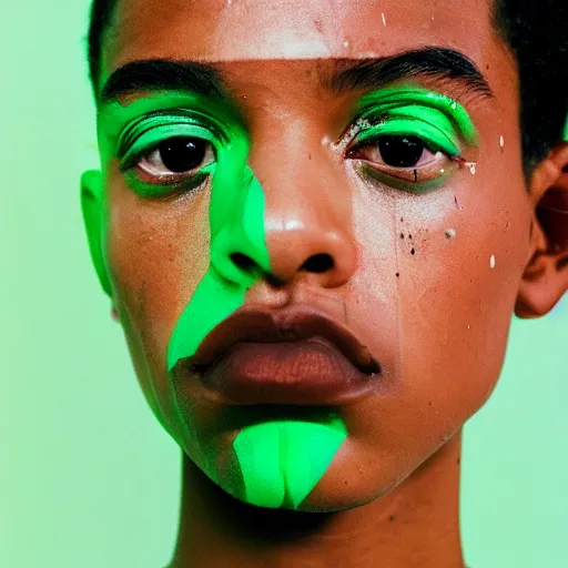 Image similar to realistic photoshooting for a new balenciaga lookbook, color film photography, portrait of a beautiful woman, model has streaks of bright green paint splashed across the side of her face, in style of tyler mitchell, 3 5 mm,