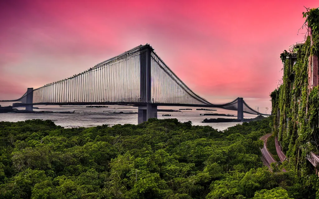 Prompt: dystopian photo of the verrazano bridge destroyed and overgrown with jungle ruins and vines at sunset, scenic cinematic landscape dystopian, photoreal