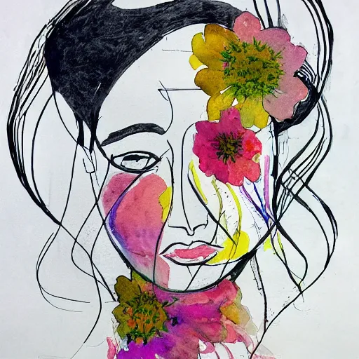 Prompt: Abstract line drawing of a woman’s face with watercolour flowers in the background,