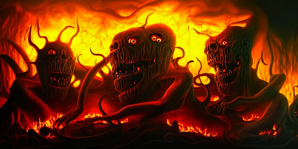 Image similar to repressed emotion creatures and monsters at the mouth of hell, dramatic lighting glow from giant fire, attempting to escape and start a revolution, in a dark surreal painting by ronny khalil