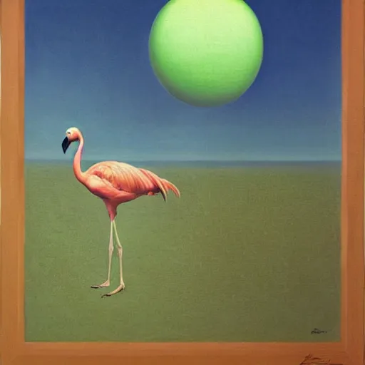 Image similar to painting of a green glowing orb being held by a flamingo in a desert by Zdzisław Beksiński