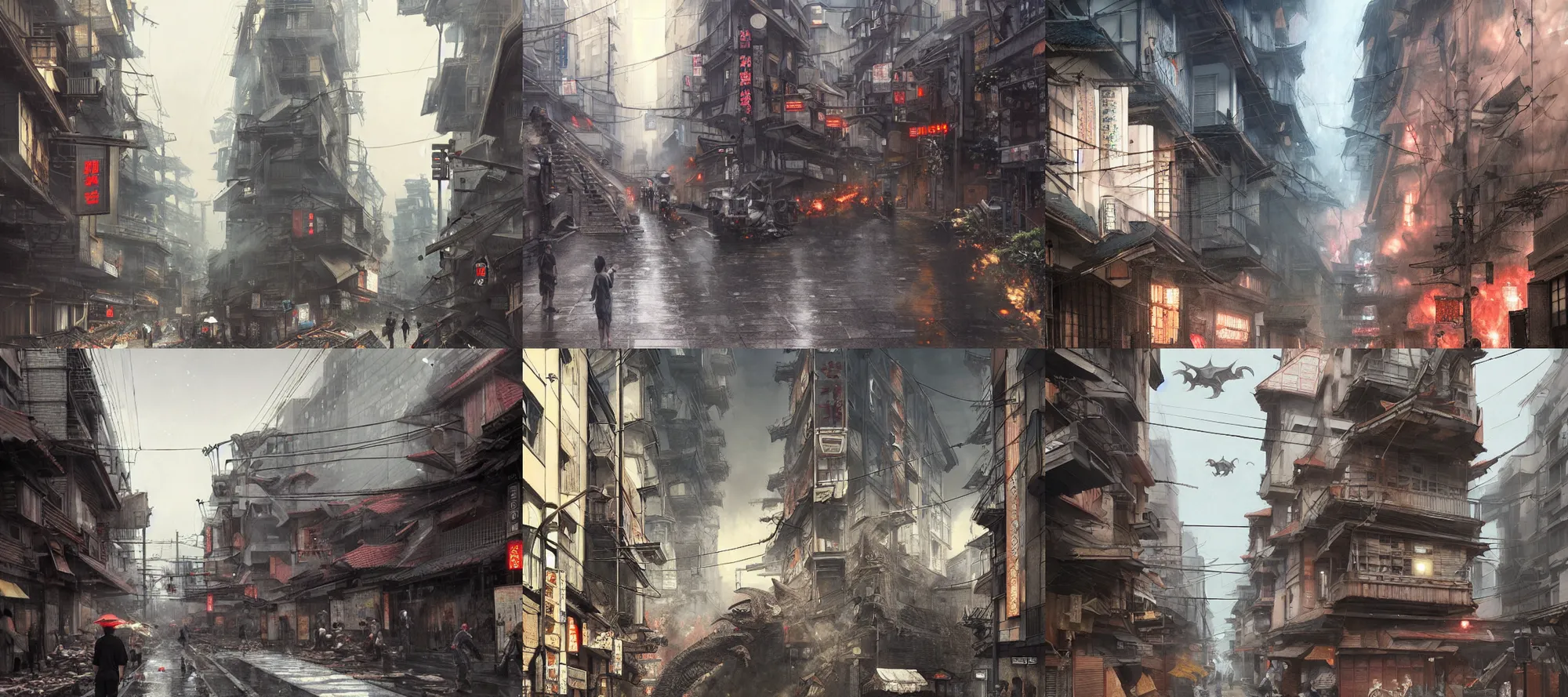 Prompt: a edo japanese city street attacked by godzilla, hot and dry, architecture, a realistic digital painting by greg rutkowski and james gurney, trending on artstation, very highly detailed, 8 k