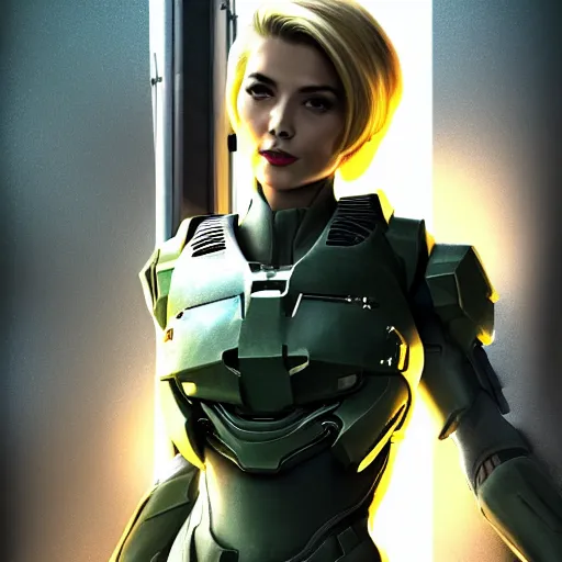 Image similar to A combination of Ada Wong's and Grace Kelly's and Ashley Greene's appearances with blonde hair wearing Master Chief's armor from Halo, high tech, action shot, angular, full body portrait, futuristic, dramatic, fantasy, intricate, elegant, highly detailed, digital painting, artstation, concept art, matte, sharp focus, illustration, 8K, art by Donato Giancola and James Gurney