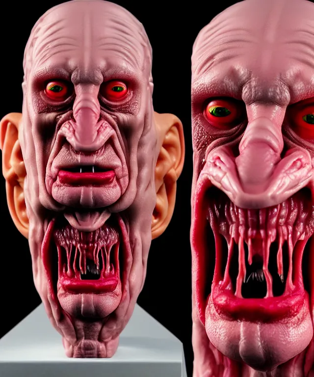 Image similar to hyperrealistic rendering, cronenberg flesh monster vladimir putin by art of skinner and richard corben and jeff easley, product photography, action figure, sofubi, studio lighting, colored gels