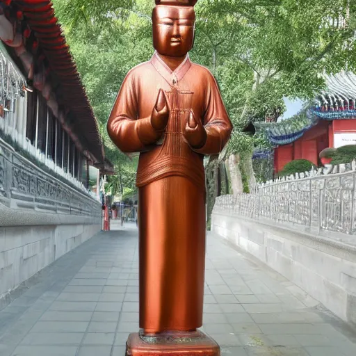 Image similar to photo of the statue of harmony as an asian in china, copper cladding