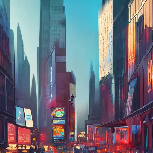 Prompt: modern downtown city, Parisian buildings, billboards, advertisements, Times Square, small buildings, dark, matte painting, concept art, digital painting, style of Ian Hubert, warm lighting, futuristic, volumetric lighting, street view, daytime, godrays , high detail