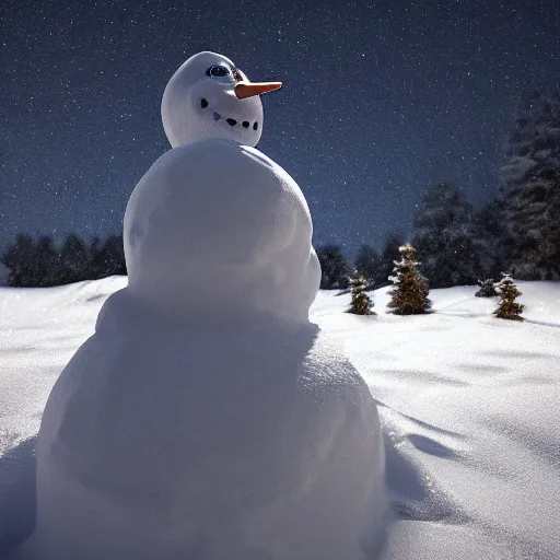 Image similar to snowman forming a man-like sculpture from snow on a snow-covered hillock, late evening, photorealistic image cinematic lighting, photo realistic image, 4K, super detailed, cinematic look, H 1024