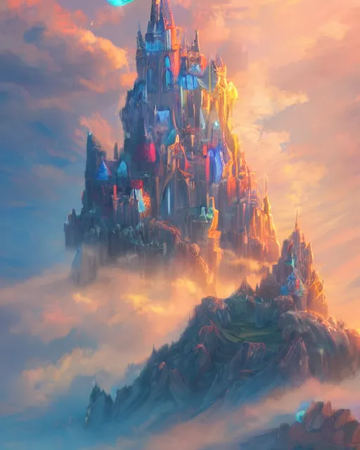 Prompt: flying cloud castle, bubble buildings, illustration, bright, blue sky, mountains, colorful, cinematic lighting, fantasy, high detail, masterpiece, artstation, 4 k, art by wylie beckert