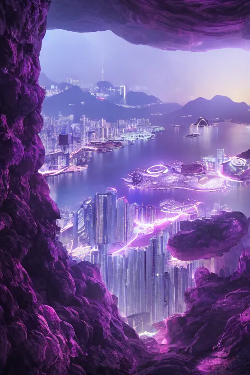 Prompt: of a cave with a miniature futuristic photo - realistic view of hong kong with mirror windows : 4, highly symmetrical, balanced, purple lightning clouds : 3, octane render, violet sun : 2, in the style of sahm : 3, hd, ultra - realistic, in unreal engine