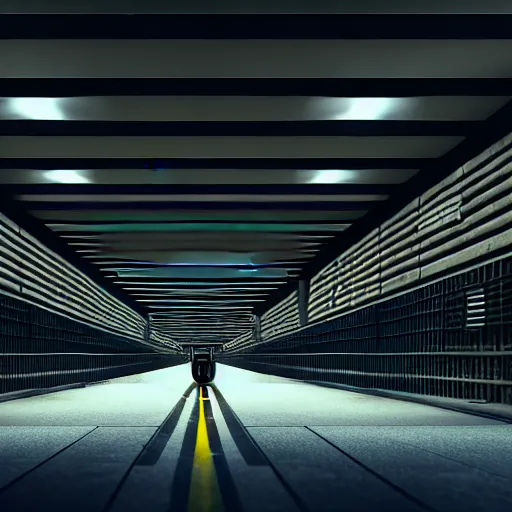 Image similar to Black military quadcopters swarm the wide hallways in a futuristic prison underground, brutalist liminal architecture, sigma 85mm f/1.4, 4k, unreal engine, concept art, trending on artstation, depth of field, high resolution, 4k, 8k, hd, full color