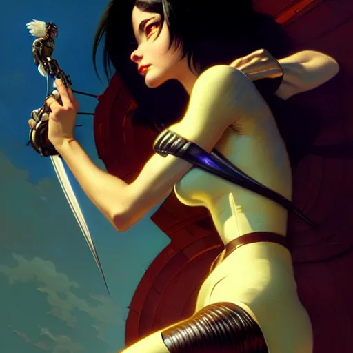 Image similar to battle angel Alita, dark fantasy, medium shot, intricate, elegant, highly detailed, digital painting, volumetric light, artstation, concept art, smooth, sharp focus, illustration, art by Gil Elvgren and Greg Rutkowski and Alphonse Mucha