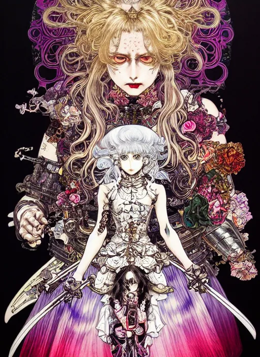 Image similar to highly detailed terada katsuya artstation ayami kojima manga poster of princess mechine enraged damaged angry zombie, rainbow gradient reflection, long hair, armor, dress, laces, ruffles, 8 k, maximalist,, jump comics, tomer hanuka, alphonse mucha