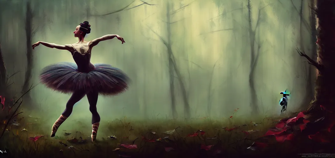 Prompt: highly detailed painting of a ballerina in a dark forest, cinematic lighting, dramatic atmosphere, by dustin nguyen, akihiko yoshida, greg tocchini, greg rutkowski, cliff chiang, 4 k resolution, luminous grassy background