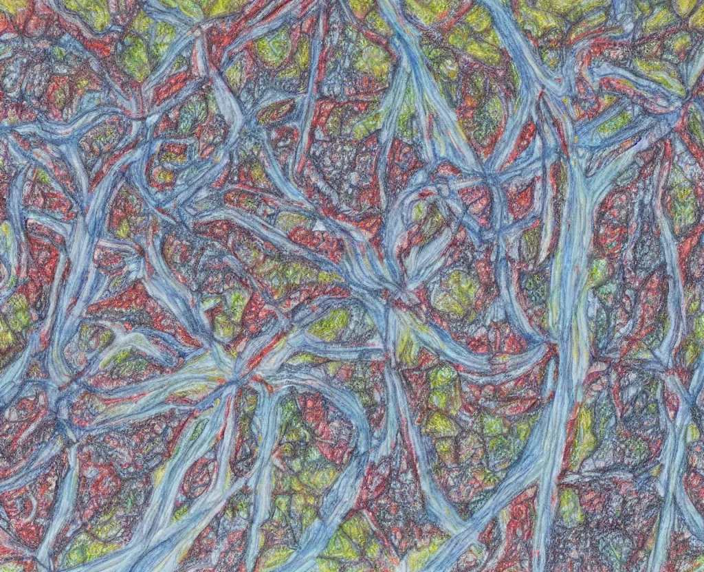 Image similar to Icy road meandering through fields of fire, aerial view, detailed coloured pencil drawing