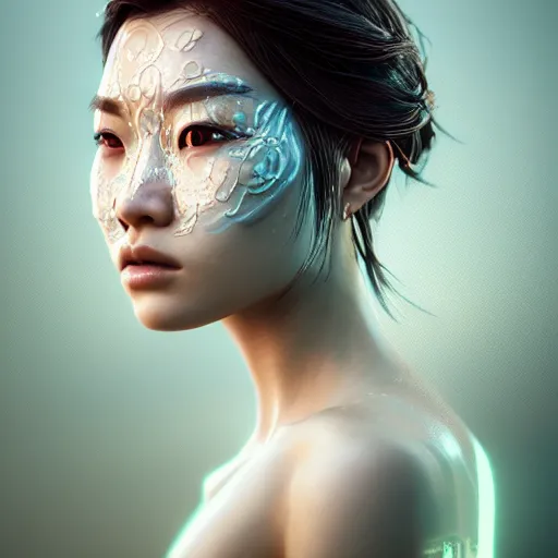 Prompt: intricate highly detailed face portrait of asian - european woman, light aqua water vines on her face, intricate, cgsociety, unreal engine, octane render, sharp focus, smooth, volumetric lighting, cinematic composition, artstation