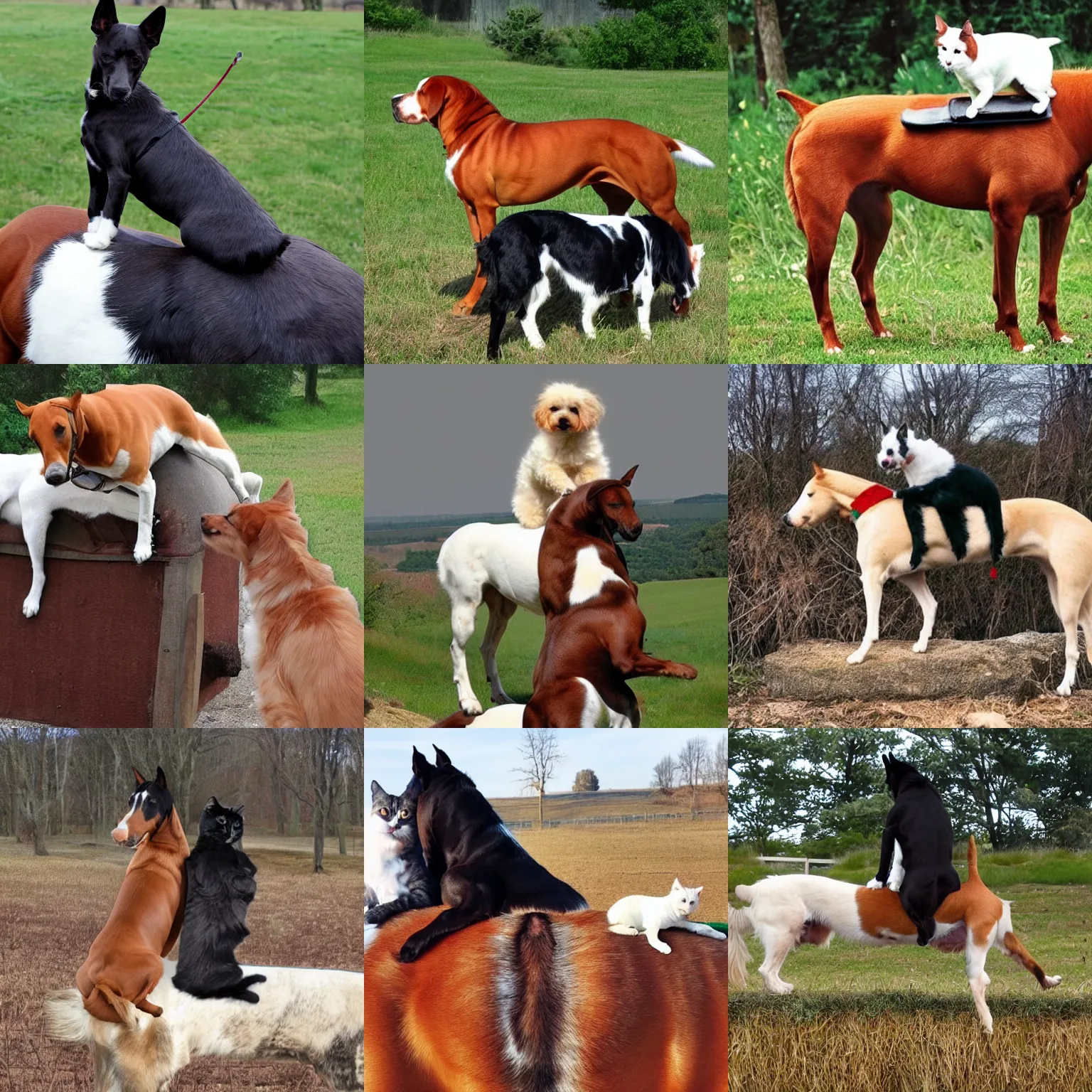 Prompt: dog on top of a horse while there is a cat on top of the same dog's back