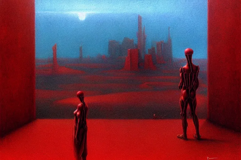 Image similar to only with red, a red god of death eat apple, a futuristic city on mars in background, an ancient path, pathos, in the style of beksinski, part by hopper, part by rodcenko, part by hofbauer, intricate composition, red by caravaggio, insanely quality, highly detailed, masterpiece, red light, artstation