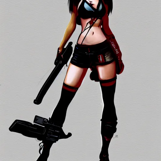 Image similar to concept art of tifa lockhart holding unusual weapon, showing face and body, trending on artstation