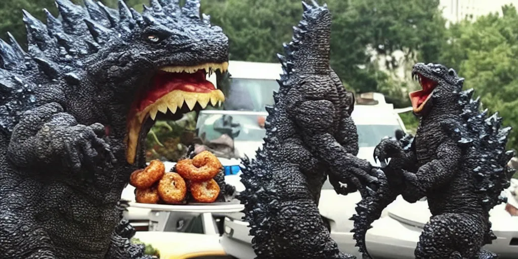 Image similar to godzilla eating donuts, happy friday everyone, funny, happy, silly, funny