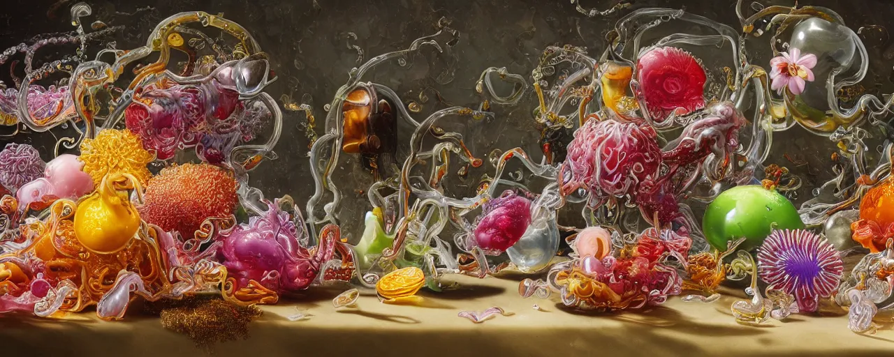 Image similar to ultradetailed photorealistic still life with jelly flowers by ernst haeckel, jan brueghel, james jean and salvador dalí, slime and tentacles, wide angle, minimalistic cinematic composition, octane render, bokeh, unreal engine, 4k, 3d render