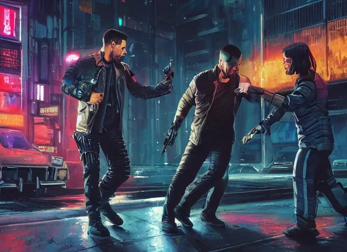 Image similar to ezra defeats sgt griggs. cyberpunk hacker knocking out menacing cop ( blade runner 2 0 4 9, dystopian, cyberpunk 2 0 7 7 character design ). epic painting by james gurney and laurie greasley, oil on canvas. cinematic, hyper realism, realistic proportions, anatomy, dramatic lighting, high detail 4 k