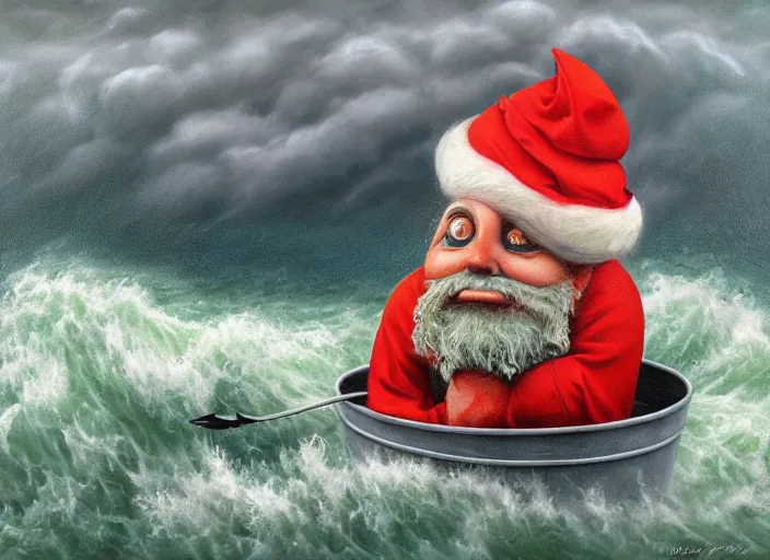 Image similar to a terrified garden gnome sailing in a bucket, background of raging ocean on a stormy with dramatic clouds, an ultrafine detailed painting by mark ryden, trending on deviantart, pop surrealism, whimsical, lowbrow, danger, perfect symmetrical face