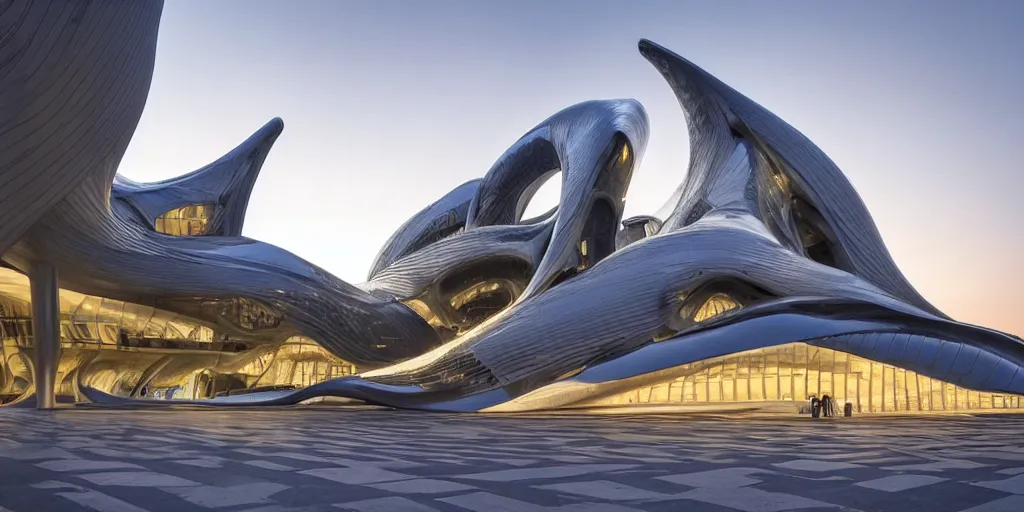 Image similar to extremely detailed ornate stunning sophisticated beautiful elegant futuristic museum exterior by Zaha Hadid, Milan buildings in the background, smooth curvilinear design, stunning volumetric light, stainless steal, concrete, translucent material, beautiful sunset, tail lights