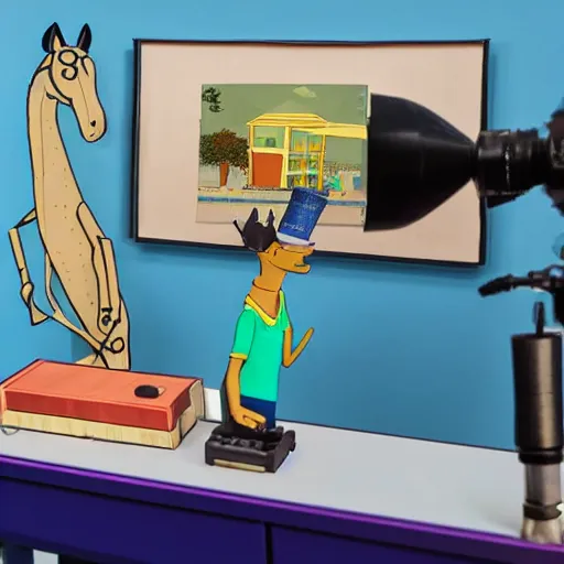 Prompt: a award winning closeup photo of a stopmotion animation filming set of bojack horseman