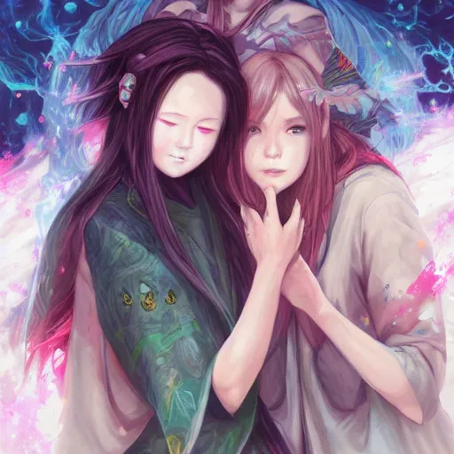 Image similar to Shion and Rimuru Tempest in the style of Magic The Gathering MTG by Hikari Shimoda and Charlie Bowater