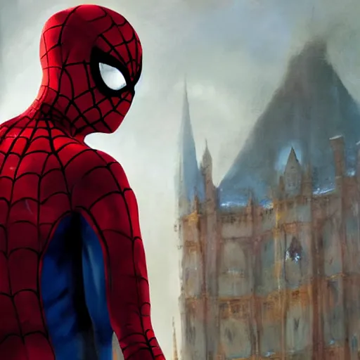 Image similar to spiderman wears a doublet whilst wearing a red velvet Cape , alexanre benois edward julius detmold jehan choo jeff simpson raphael lacoste guillem h. pongiluppi grisaille