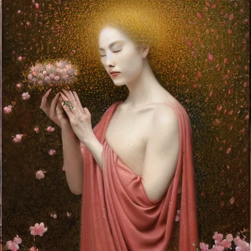 Image similar to a crying woman in a white gown kneeling at a beautiful shrine under a cherry blossom tree, rainy wet, ultradetailed, hd 8 k, agostino arrivabene, oil on canvas, detailed brushstrokes