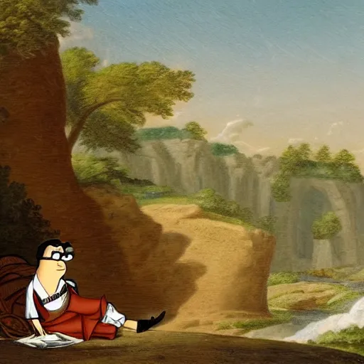 Image similar to Peter Griffin visits 1750 Paris , in the style of the Hudson River School