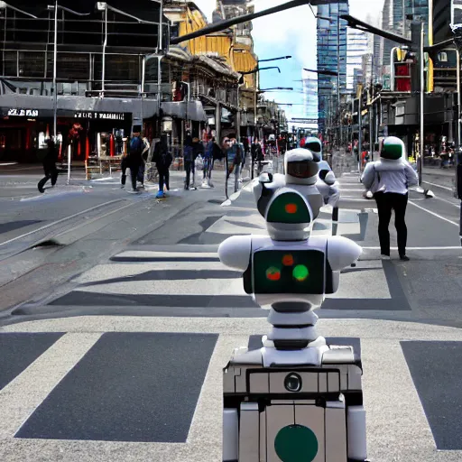 Image similar to a dystopian version of Flinders Street Melbourne Australia, robots in the street.