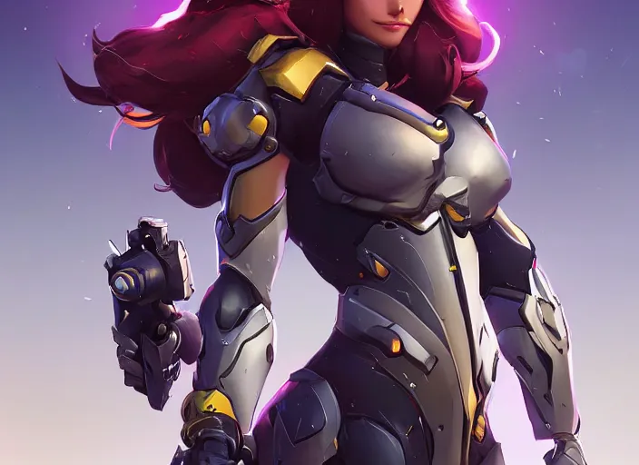 Image similar to poster!! beautiful new female character for overwatch, character concept art, action pose, illustration, full body armor, steel plating, huge weapon, super powers, athletic, long red hair, symmetry, intricate design, shiny, highly detailed, hd, dramatic lighting, art by artgerm and greg rutkowski